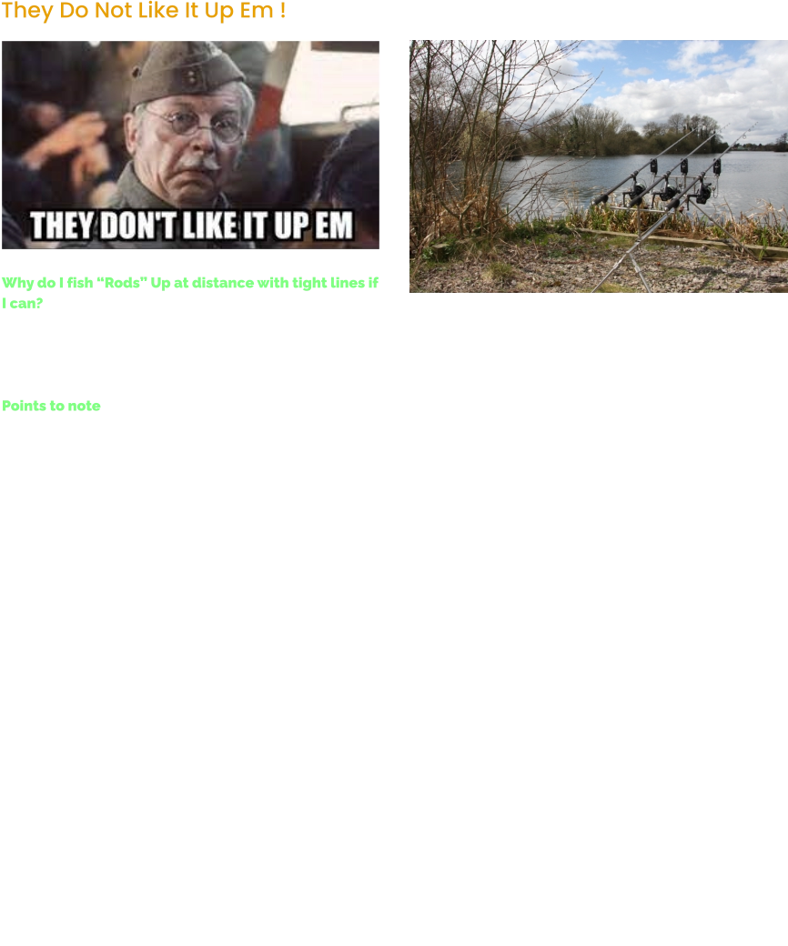 Why do I fish “Rods” Up at distance with tight lines if I can? I can use a lighter lead which makes casting 100 + yards easier. The rod tips set the hook. I can then pick up the rod in a second or two and the Carp cannot spit, easily.  Points to note •	As a Match Angler of some pedigree myself back in the day. •	We fished a lot of Tip Rods (Quiver Tips / Swing Tips) using Swim Feeders / Arlesey Bombs. •	The line was always guitar string tight to the Quiver Tip, slightly less so the Swing Tip. •	The Big Bream / Carp / Tench & all the usual suspects were simply not bothered by the angle of the line passing through the waters. •	They are not bothered by it today. I do not know where Slack Lining came from but its ridiculous in my humble opinion. •	You will Not find Steve Ringer fishing back leads on a Commercial Carp lake where you need 300 lb in 5 hours to win the match. •	I doubt very much that any of the Top Boys are Slack Lining on the Big Carp waters either. •	If you want to miss 90% of your pick – ups, slack line my friend. •	Slack lining is total fucking nonsense, try not to do it.  •	I fish tight lines. •	Guitar string tight and lock the reel spool up to very near tight also. •	The rod tips set the hook and keeps it set. •	The chances of a Big Carp spitting my rig now, on the run is near 0, unless the Carp runs towards me and spits. •	However I am never off my rods, I sit on my rods at all times. •	I will lift on a couple of bleeps on The Delkims, or a small pull round on my Quiver Tips when fishing The Tips for Carp. •	So it’s very rare that I ever get Spat Out after the pick up !!    Tight Lines. TT.   They Do Not Like It Up Em !